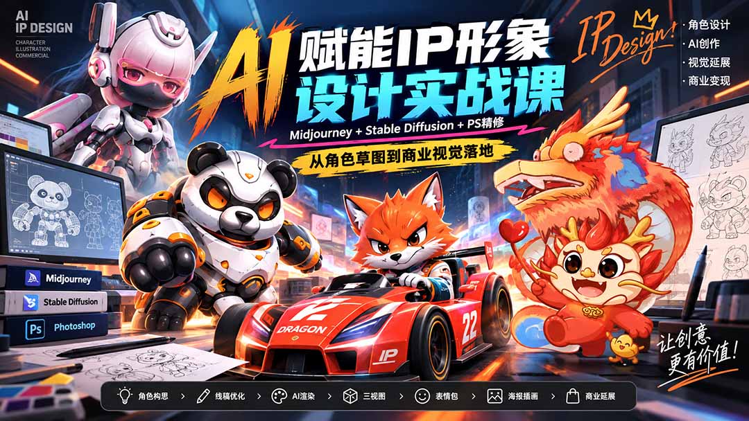 (20552期)AI赋能IP形象设计实战课-无水印:Midjourney+Stable Diffusion+PS精修,从角色草图到商业视觉落地-知创网