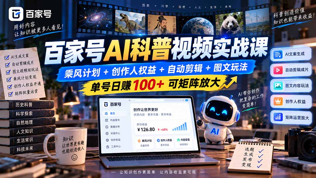 (20579期)百家号AI科普视频实战课:乘风计划+创作人权益+自动剪辑+图文玩法,单号日赚100+可矩阵放大-知创网