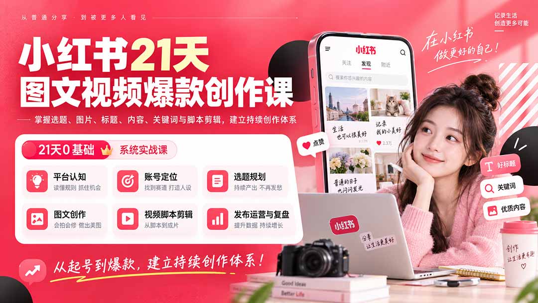 （20341期）小红书21天图文视频爆款创作课：掌握选题、图片、标题、内容、关键词与脚本剪辑，建立持续创作体系-知创网