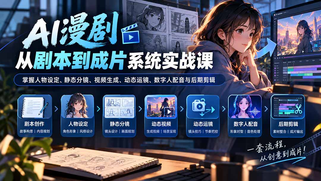 （20375期）AI漫剧从剧本到成片系统实战课：掌握人物设定、静态分镜、视频生成、动态运镜、数字人配音与后期剪辑-知创网