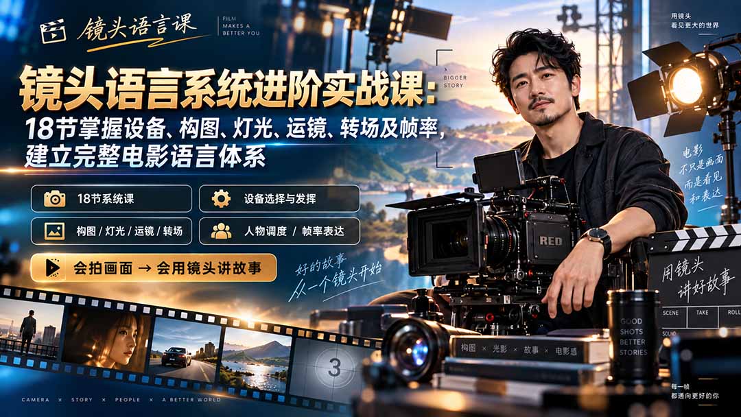 （20434期）镜头语言系统进阶实战课：18节掌握设备、构图、灯光、运镜、转场及帧率，建立完整电影语言体系-知创网