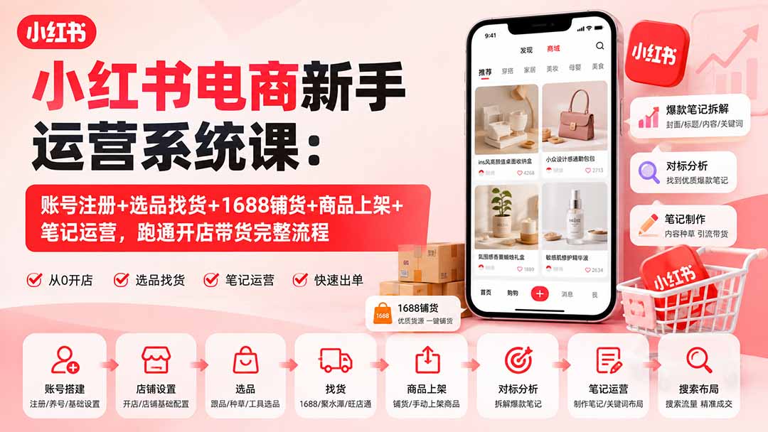 （20319期）小红书电商新手运营系统课：账号注册+选品找货+1688铺货+商品上架+笔记运营，跑通开店带货完整流程-知创网