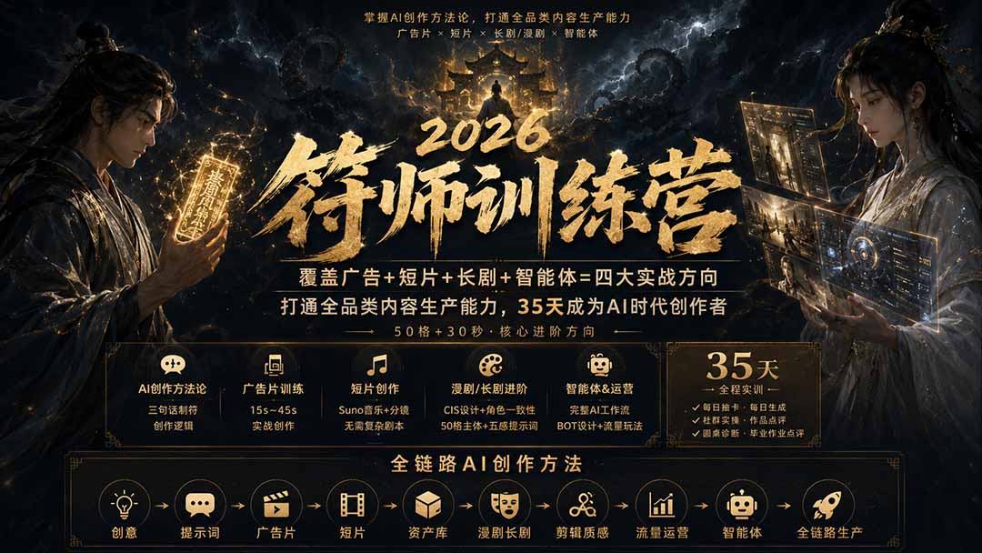 （20180期）符师训练营-35天成为AI时代创作者，广告+短片+漫剧+智能体四大实战方向，掌握从创意到上线的完整工作流-知创网