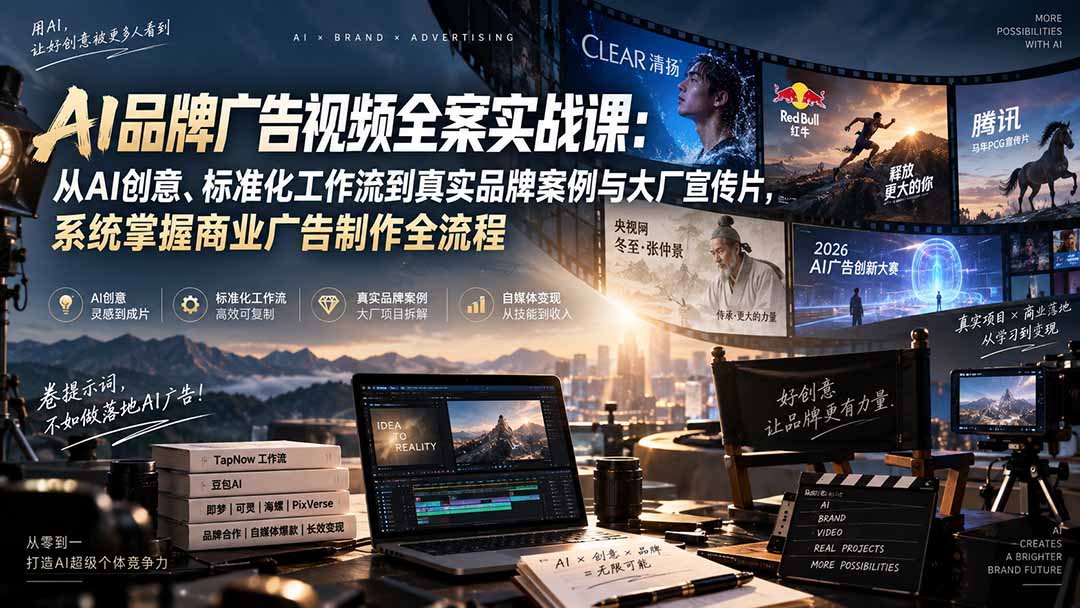 (20392期)AI品牌广告视频全案实战课:从AI创意、标准化工作流到真实品牌案例与大厂宣传片,系统掌握商业广告制作全流程-知创网