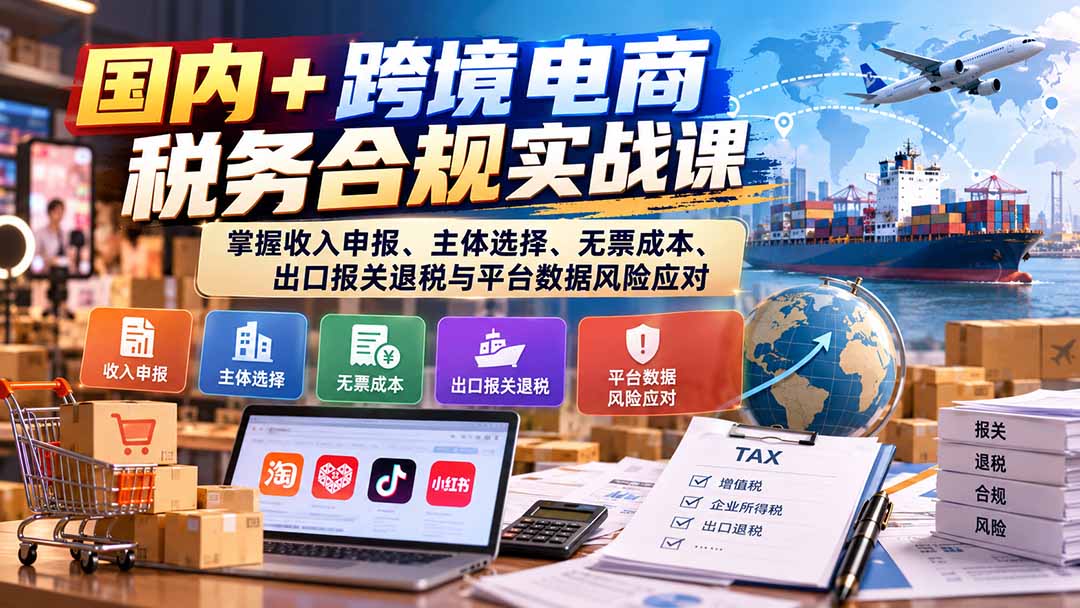 (20686期)国内+跨境电商税务合规实战课:掌握收入申报、主体选择、无票成本、出口报关退税与平台数据风险应对-知创网