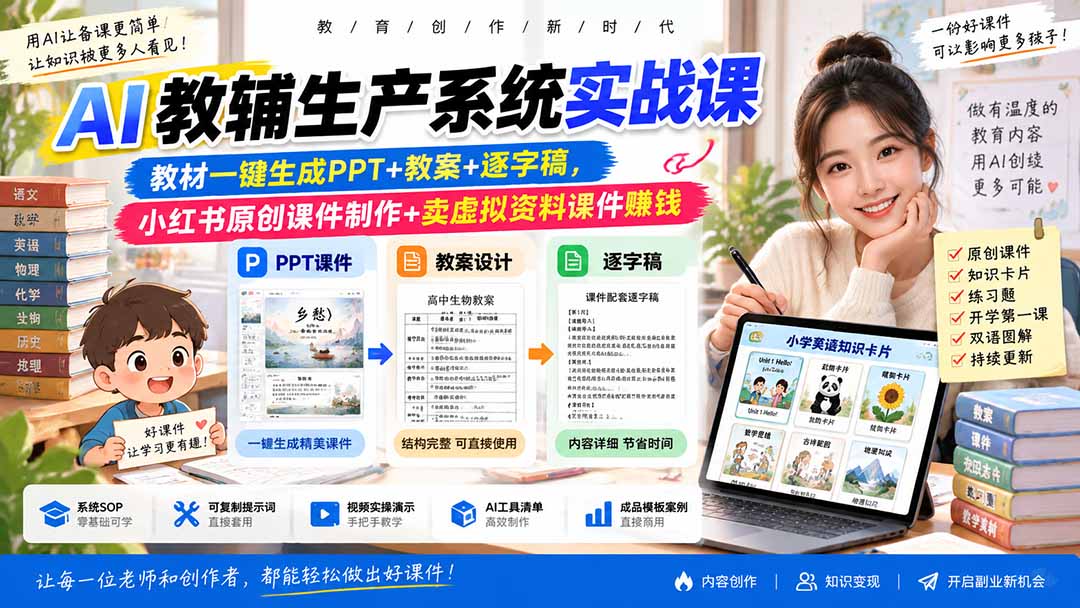 （20542期）AI教辅生产系统实战课｜教材一键生成PPT+教案+逐字稿，小红书原创课件制作+卖虚拟资料课件赚钱-知创网