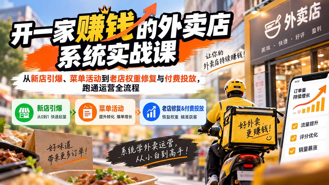 （20258期）开一家赚钱的外卖店系统实战课：从新店引爆、菜单活动到老店权重修复与付费投放，跑通运营全流程-知创网