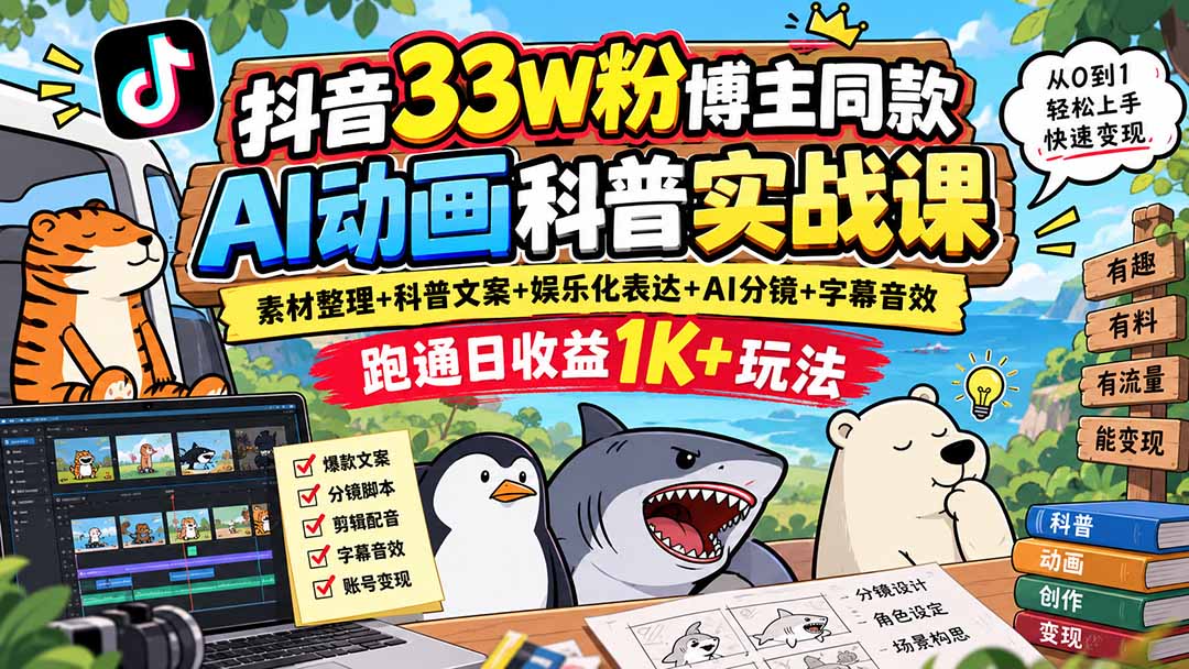 (20510期)抖音33W粉博主同款AI动画科普实战课|素材整理+科普文案+娱乐化表达+AI分镜+字幕音效,跑通日收益1K+玩法-知创网