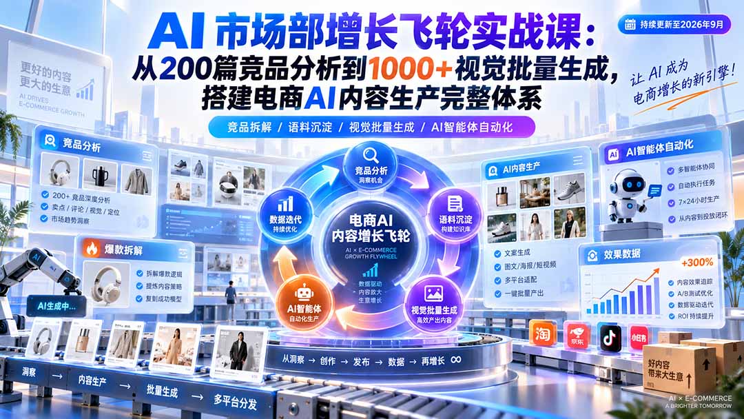 （20436期）AI 市场部增长飞轮实战课：从200篇竞品分析到1000+视觉批量生成，搭建电商AI内容生产完整体系-知创网