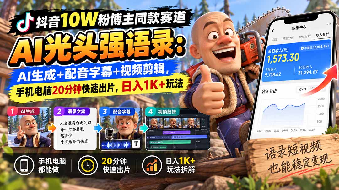 (20687期)【无水印】抖音10W粉博主同款赛道AI光头强语录:AI生成+配音字幕+视频剪辑,手机电脑20分钟快速出片,日入1K+玩法-知创网