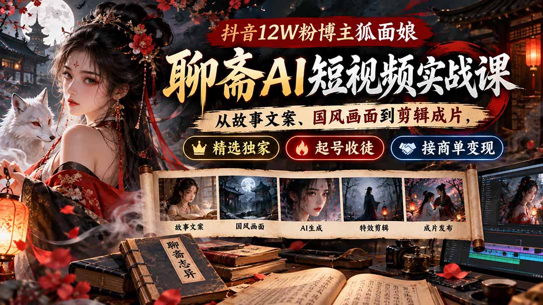 (20639期)抖音12W粉博主狐面娘-聊斋AI短视频实战课:从故事文案、国风画面到剪辑成片,精选独家+起号收徒+接商单变现-知创网
