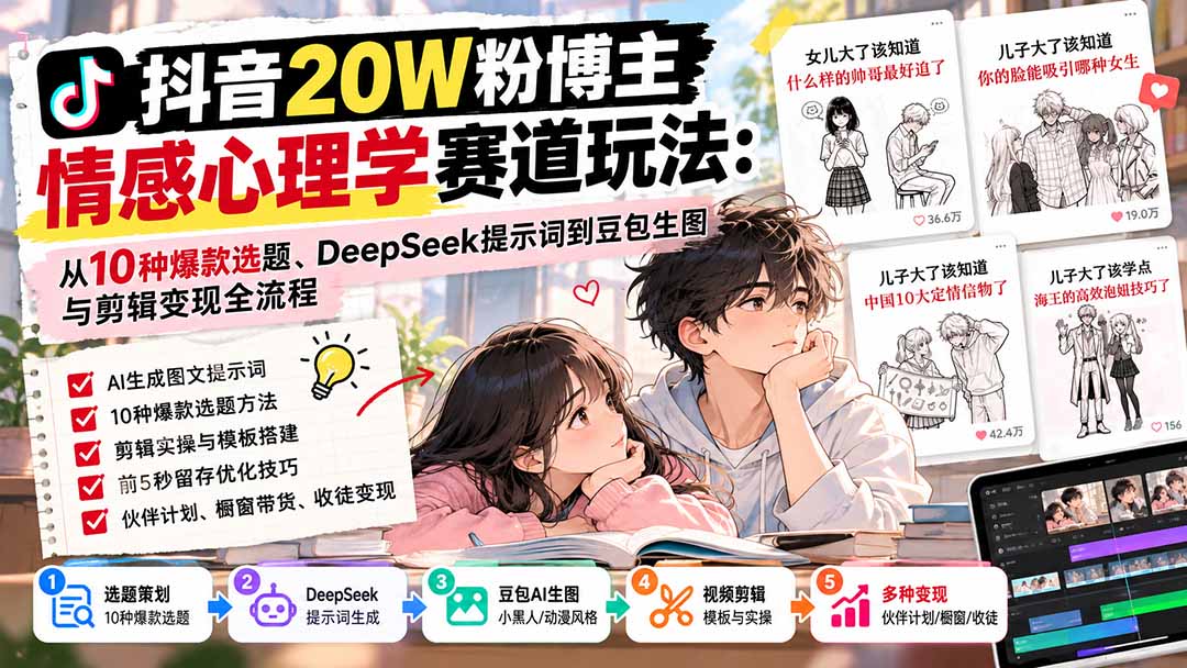 (20688期)抖音20W粉博主-情感心理学赛道玩法:从10种爆款选题、DeepSeek提示词到豆包生图与剪辑变现全流程-知创网