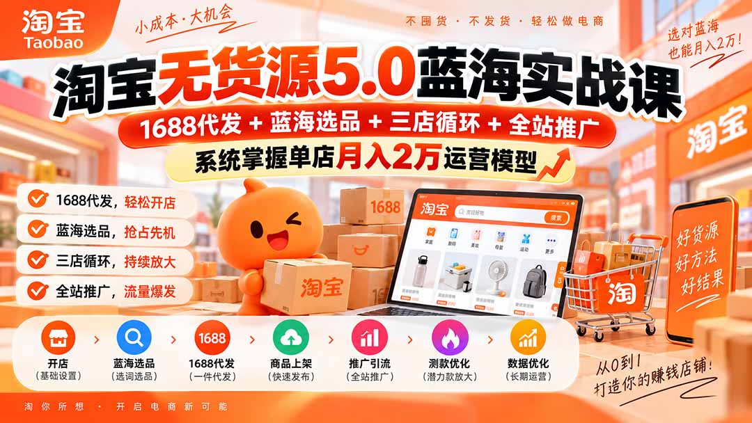 （20397期）淘宝无货源5.0蓝海实战课-更新：1688代发+蓝海选品+三店循环+全站推广，系统掌握单店月入2万运营模型-知创网