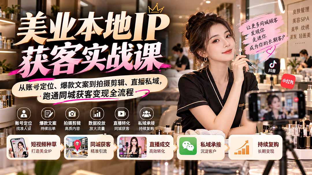 (20640期)【无水印】美业本地IP获客实战课:从账号定位、爆款文案到拍摄剪辑、直播私域,跑通同城获客变现全流程-知创网