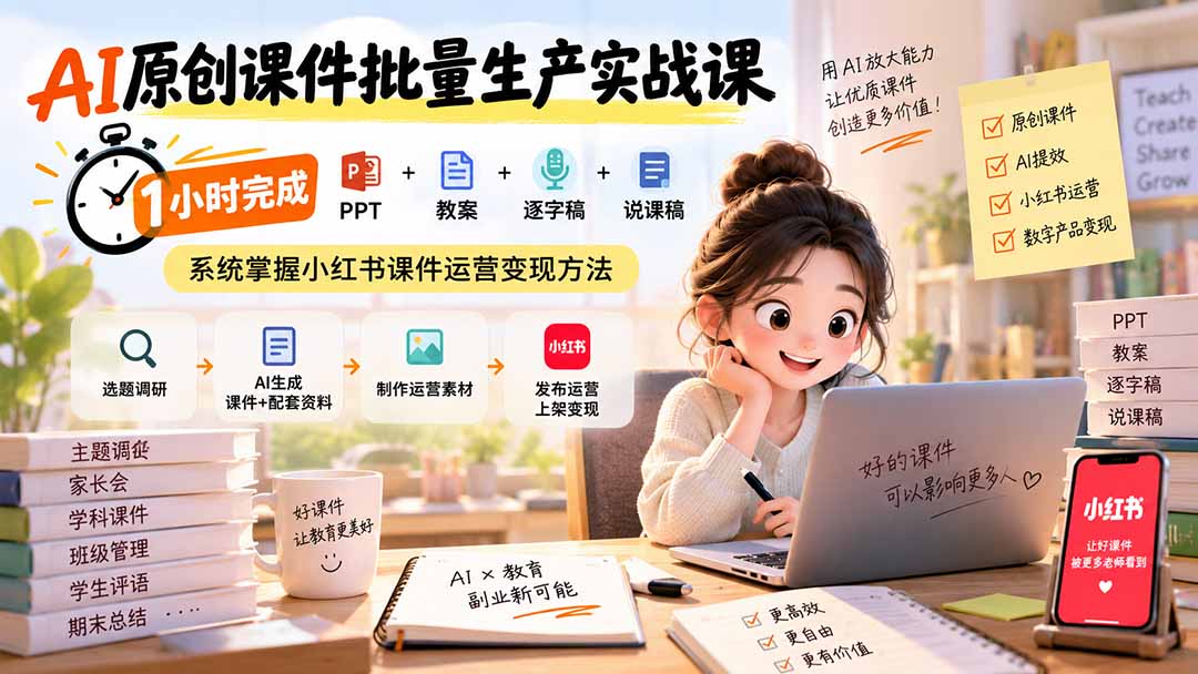 （20351期）AI原创课件批量生产实战课：1小时完成PPT+教案+逐字稿+说课稿，系统掌握小红书课件运营变现方法-知创网