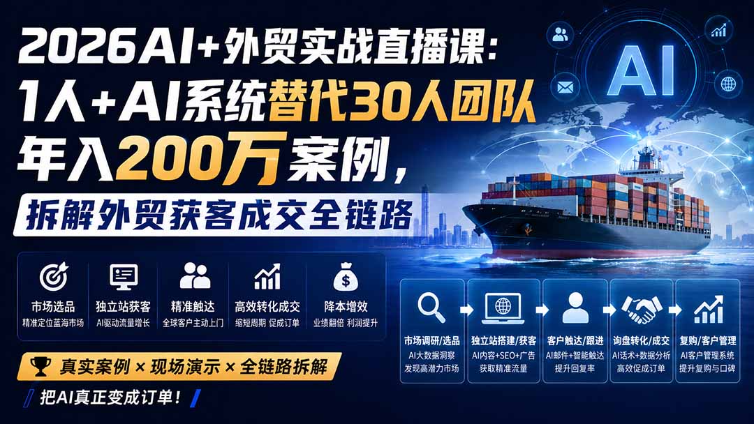 （20196期）2026AI+外贸实战直播课：1人+AI系统替代30人团队年入200万案例，拆解外贸获客成交全链路-知创网