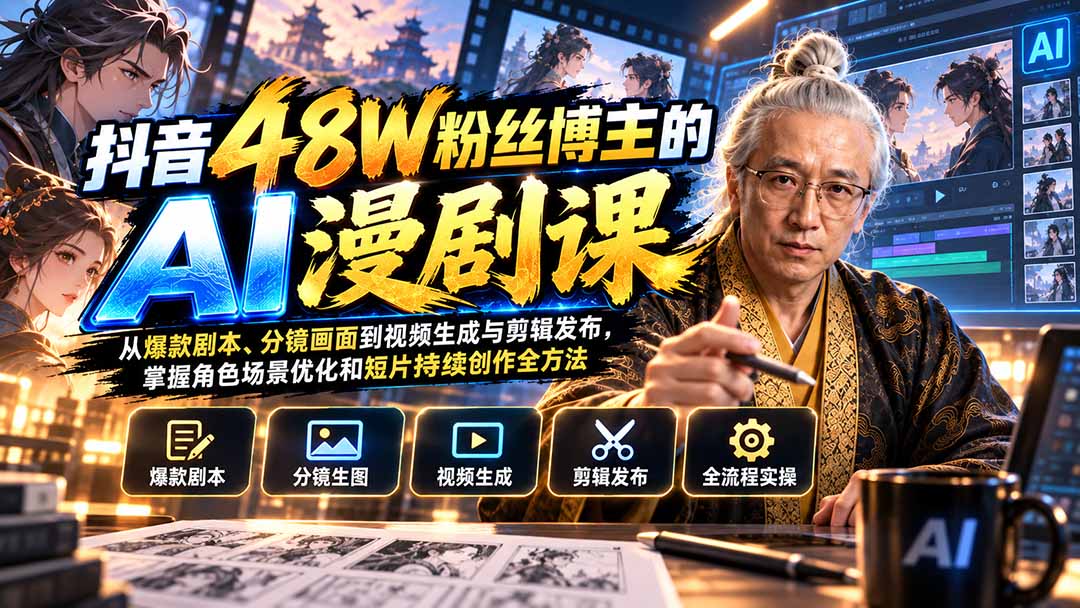 （20353期）抖音48W粉丝博主的AI漫剧课：从爆款剧本、分镜画面到视频生成与剪辑发布，掌握角色场景优化和短片持续创作全方法-知创网
