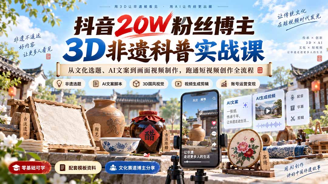 （20356期）抖音20W粉丝博主3D非遗科普实战课：从文化选题、AI文案到画面视频制作，跑通短视频创作全流程-知创网