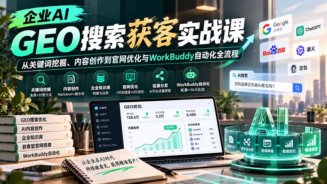 （20643期）企业AI GEO搜索获客实战课：从关键词挖掘、内容创作到官网优化与WorkBuddy自动化全流程-知创网
