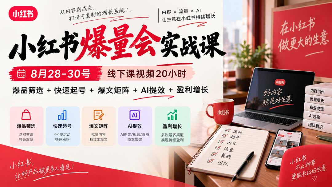 （20617期）小红书爆量会实战课-更新9月23：线下课视频20小时，爆品筛选+快速起号+爆文矩阵+AI提效+盈利增长-知创网