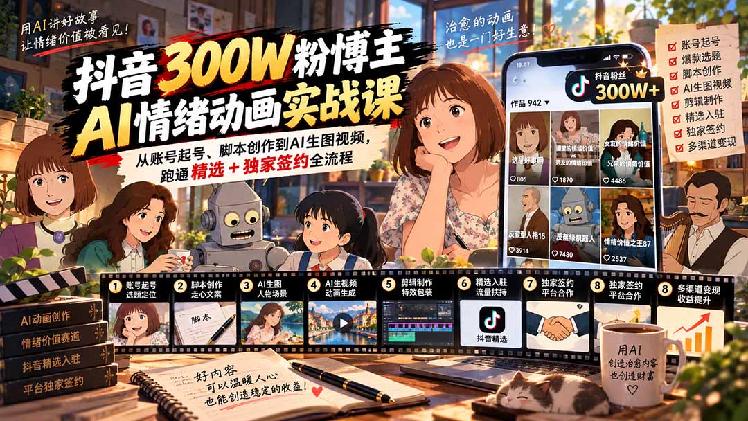 （20616期）抖音300W粉博主AI情绪动画实战课：从账号起号、脚本创作到AI生图视频，跑通精选+独家签约全流程-知创网