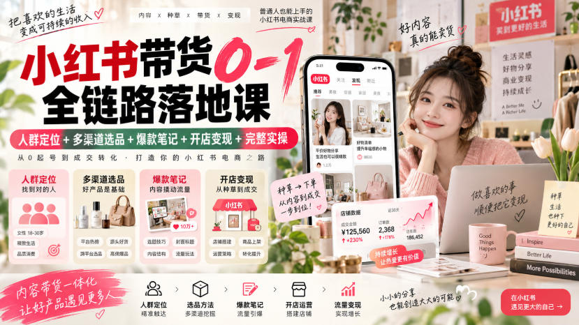 小红书带货0-1全链路落地课｜人群定位+多渠道选品+爆款笔记+开店变现完整实操-知创网