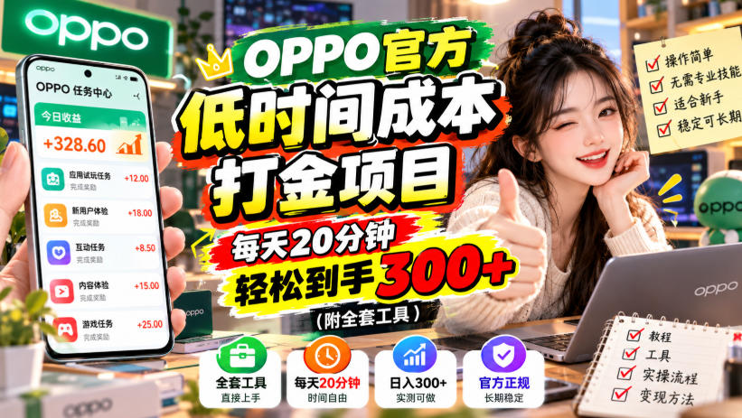 OPPO官方低时间成本打金项目，每天20分钟，轻松到手300+（附全套工具）【揭秘】-知创网