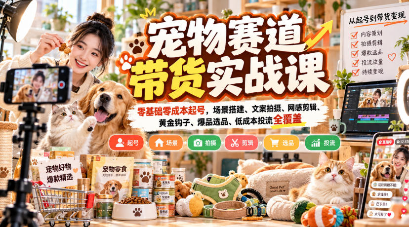 宠物赛道带货实战课，零基础零成本起号，场景搭建、文案拍摄、网感剪辑、黄金钩子、爆品选品、低成本投流全覆盖-知创网
