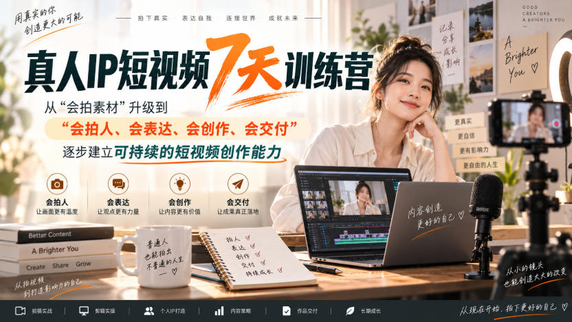 真人IP短视频7天训练营,从“会拍素材”升级到“会拍人、会表达、会创作、会交付”,逐步建立可持续的短视频创作能力-知创网