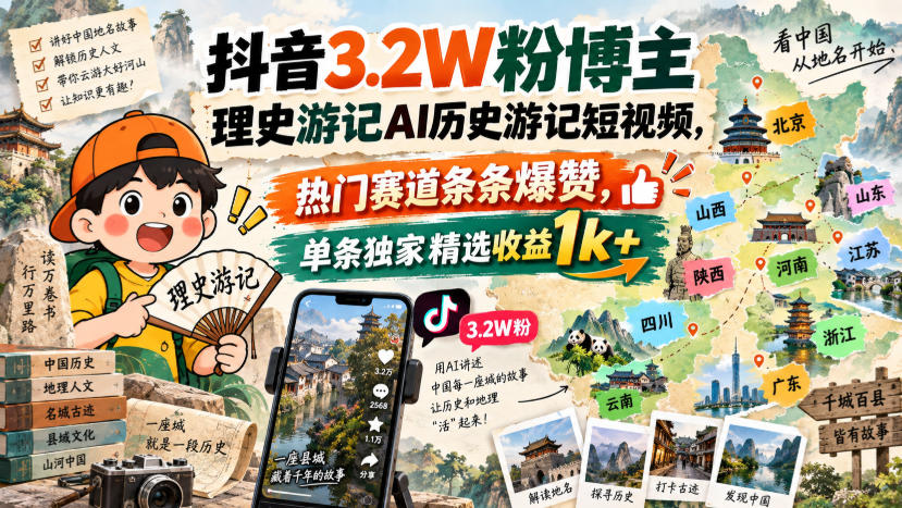抖音3.2W粉博主理史游记AI历史游记短视频教学，热门赛道条条爆赞，单条独家精选收益1k+-知创网