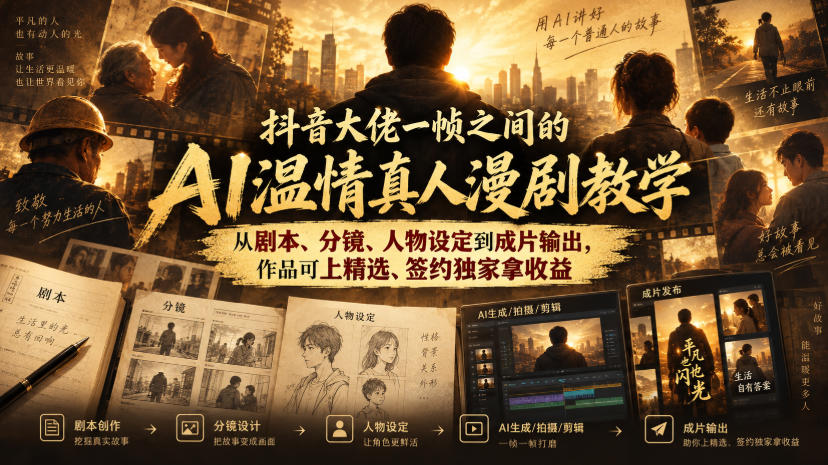 抖音大佬一帧之间的AI温情真人漫剧教学，从剧本、分镜、人物设定到成片输出，作品可上精选、签约独家拿收益-知创网