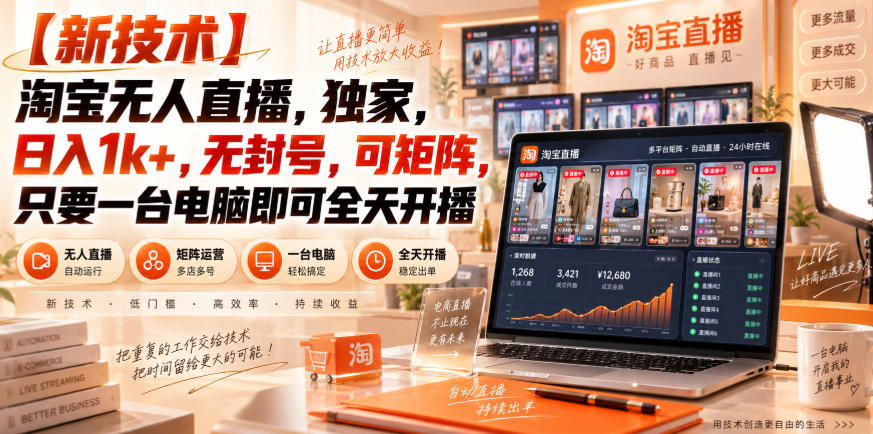 【独家新技术】淘宝无人直播，日入1k+，无封号，可矩阵，只要一台电脑即可全天开播【揭秘】-知创网