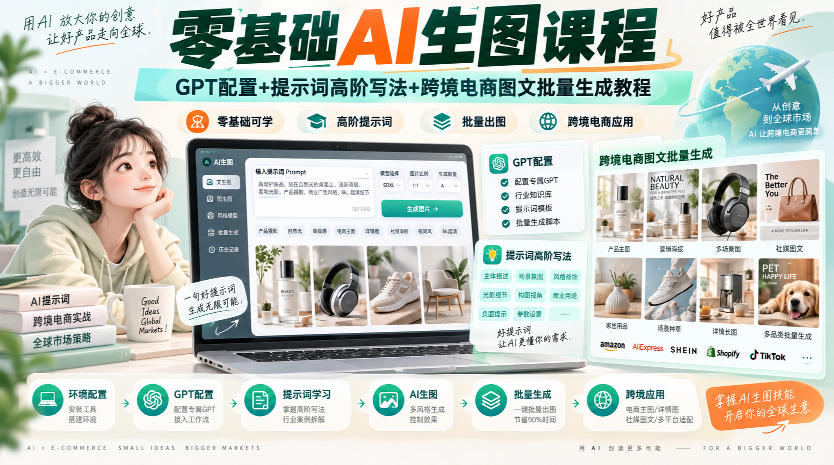 零基础AI生图课程,GPT配置+提示词高阶写法+跨境电商图文批量生成教程-知创网