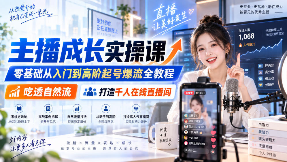 主播成长实操课｜零基础从入门到高阶起号爆流全教程，吃透自然流，打造千人在线直播间-知创网