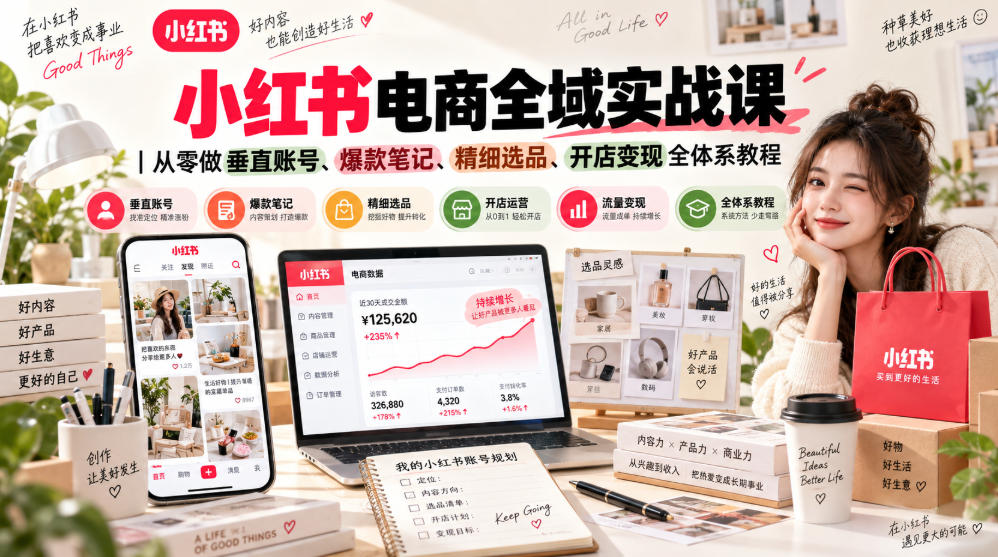 小红书电商全域实战课｜从零做垂直账号、爆款笔记、精细选品、开店变现全体系教程-知创网
