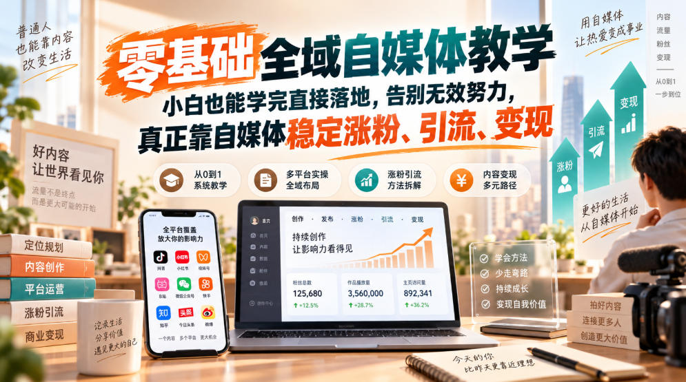 零基础全域自媒体教学，小白也能学完直接落地，告别无效努力，真正靠自媒体稳定涨粉、引流、变现-知创网