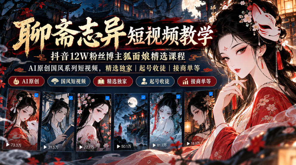 聊斋志异短视频教学,抖音12W粉丝博主狐面娘精选课程,AI原创国风系列短视频,精选独家丨起号收徒丨接商单等-知创网