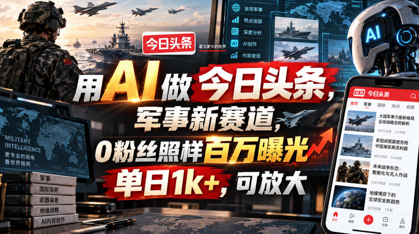 用AI做今日头条，军事新赛道，0粉丝照样百万曝光，单日1k+，可放大-知创网