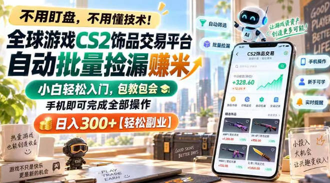 全球游戏CS2饰品交易平台自动批量捡漏賺米，小白轻松入门，包教包会，手机即可完成全部操作，日入300+【揭秘】-知创网