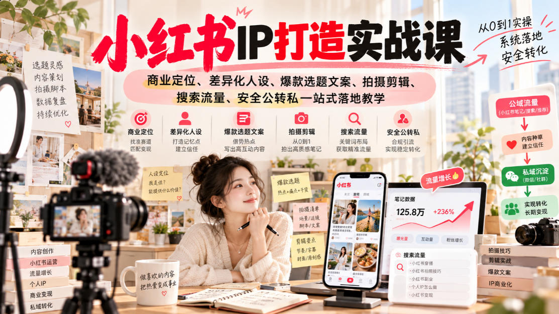小红书ip打造实战课，商业定位、差异化人设、爆款选题文案、拍摄剪辑、搜索流量、安全公转私一站式落地教学-知创网