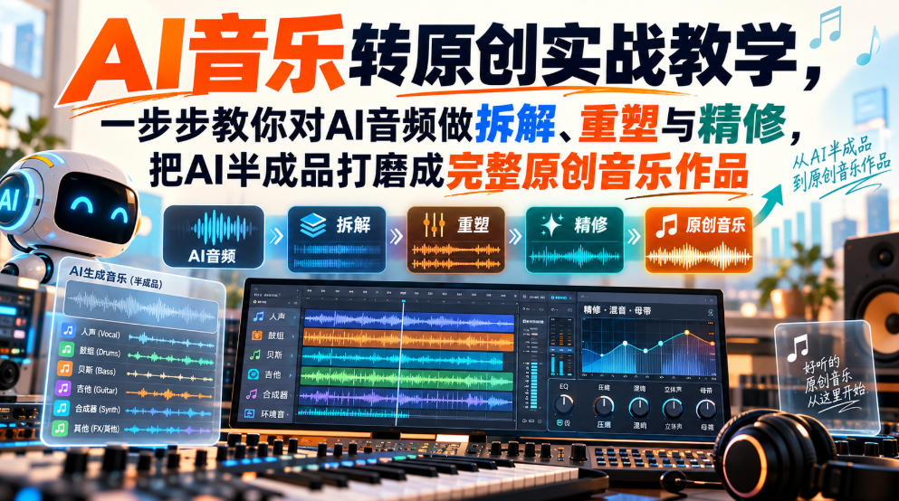 AI音乐转原创实战教学,一步步教你对AI音频做拆解、重塑与精修,把AI半成品打磨成完整原创音乐作品-知创网