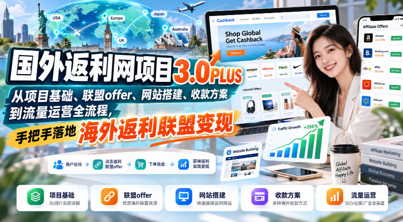 国外返利网项目3.0PLUS，从项目基础、联盟offer、网站搭建、收款方案到流量运营全流程，手把手落地海外返利联盟变现-知创网