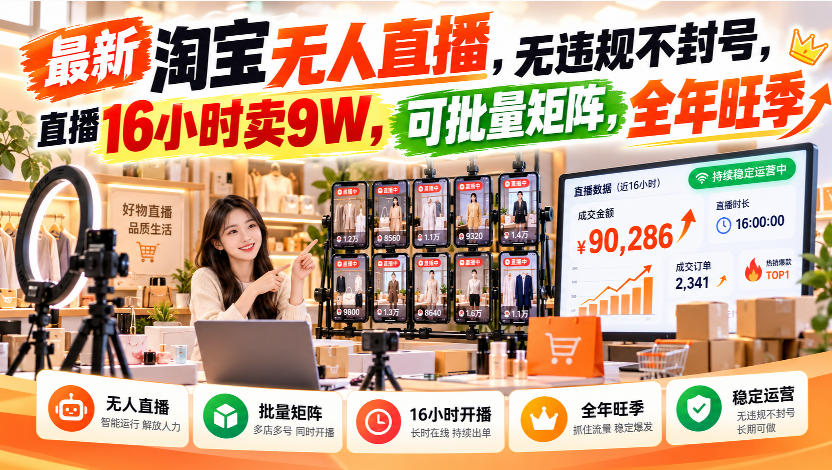 最新淘宝无人直播，无违规不封号，直播16小时卖9W，可批量矩阵，全年旺季【揭秘】-知创网