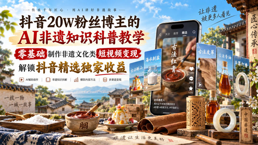 抖音20W粉丝博主的AI非遗知识科普教学，零基础制作非遗文化类短视频变现，解锁抖音精选独家收益-知创网