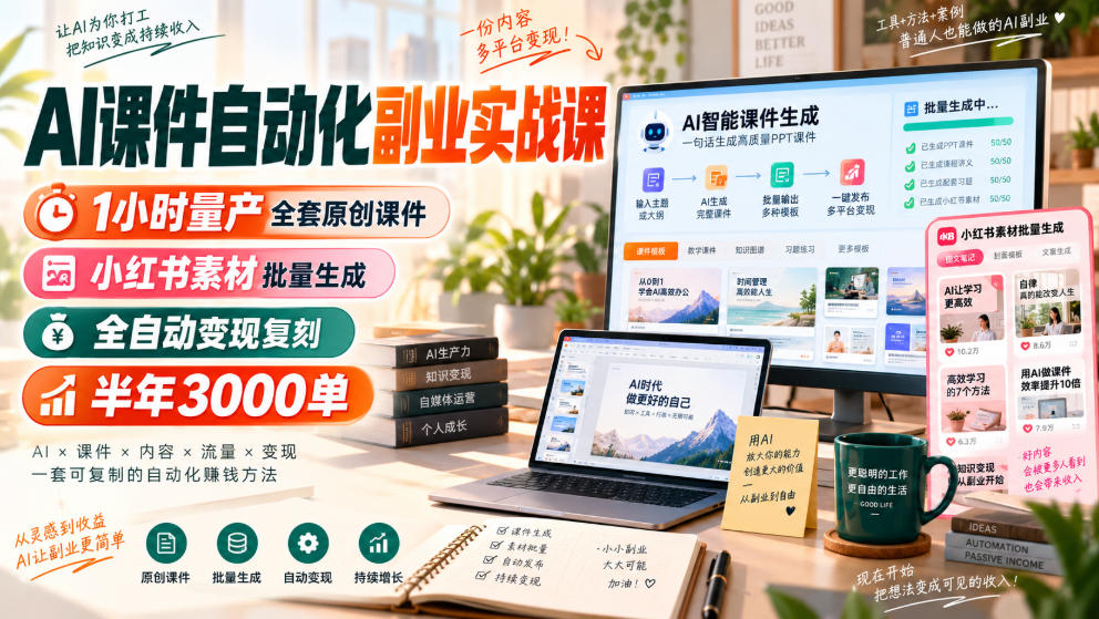 AI课件自动化副业实战课，1小时量产全套原创课件，小红书素材批量生成，全自动变现复刻，半年3000单-知创网