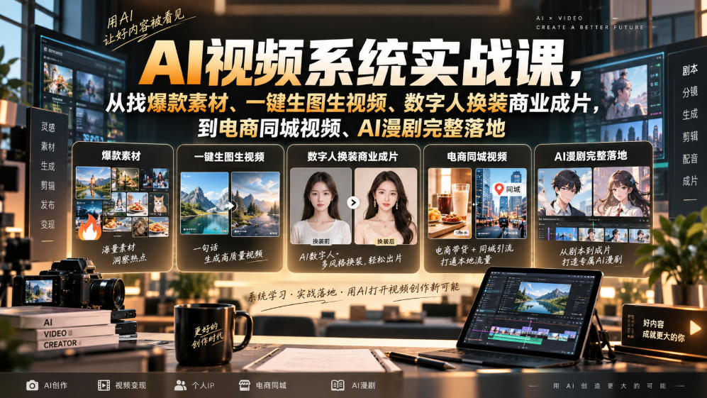 AI视频系统实战课，从找爆款素材、一键生图生视频、数字人换装商业成片，到电商同城视频、AI漫剧完整落地-知创网