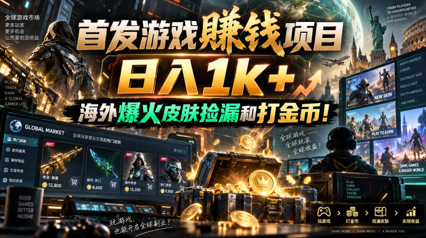 首发游戏賺钱项目，日入1k+，海外爆火皮肤捡漏和打金币！【揭秘】-知创网