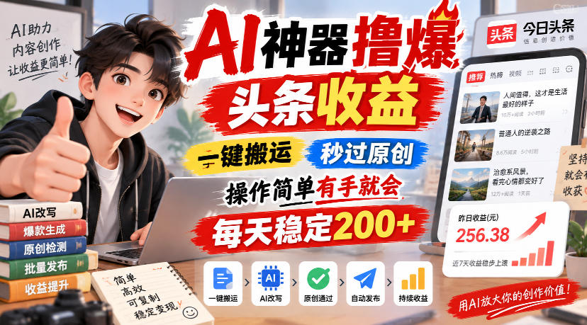 AI神器撸爆头条收益，一键搬运，秒过原创，操作简单有手就会，每天稳定200+【揭秘】-知创网