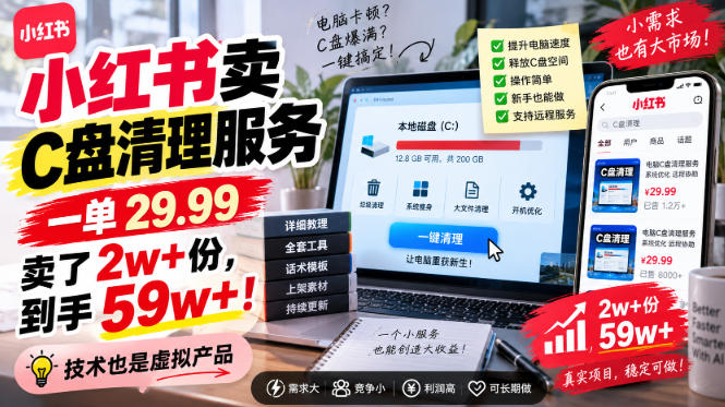 小红书卖C盘清理服务，一单29.99，卖了2w+份，技术也是虚拟产品-知创网