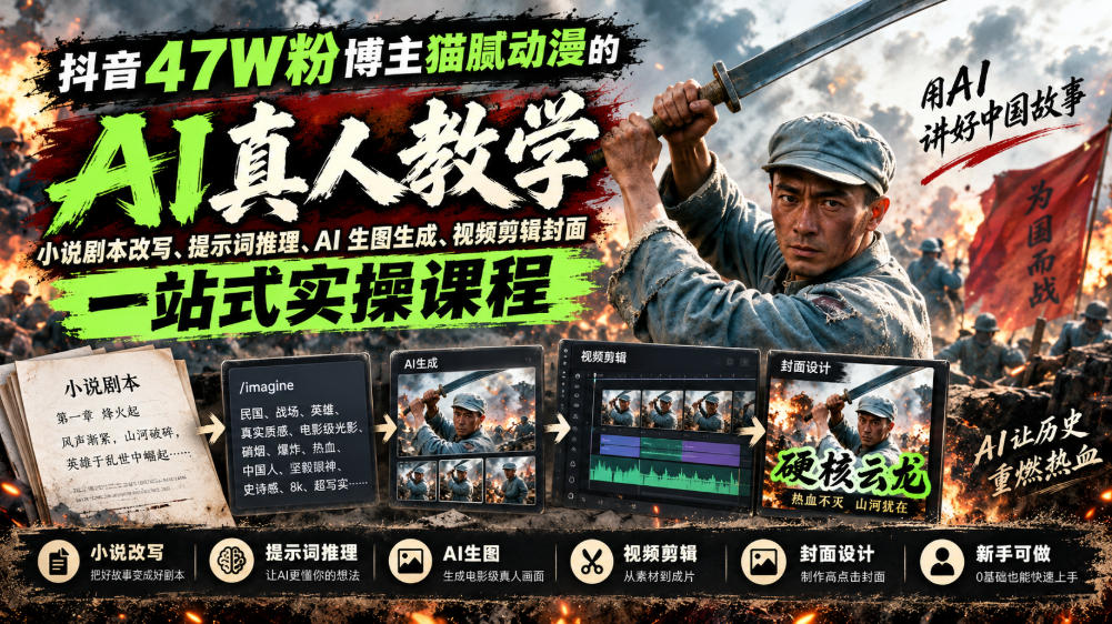 抖音47W粉博主猫腻动漫的AI真人漫剧教学，小说剧本改写、提示词推理、AI生图生成、视频剪辑封面一站式实操课程-知创网